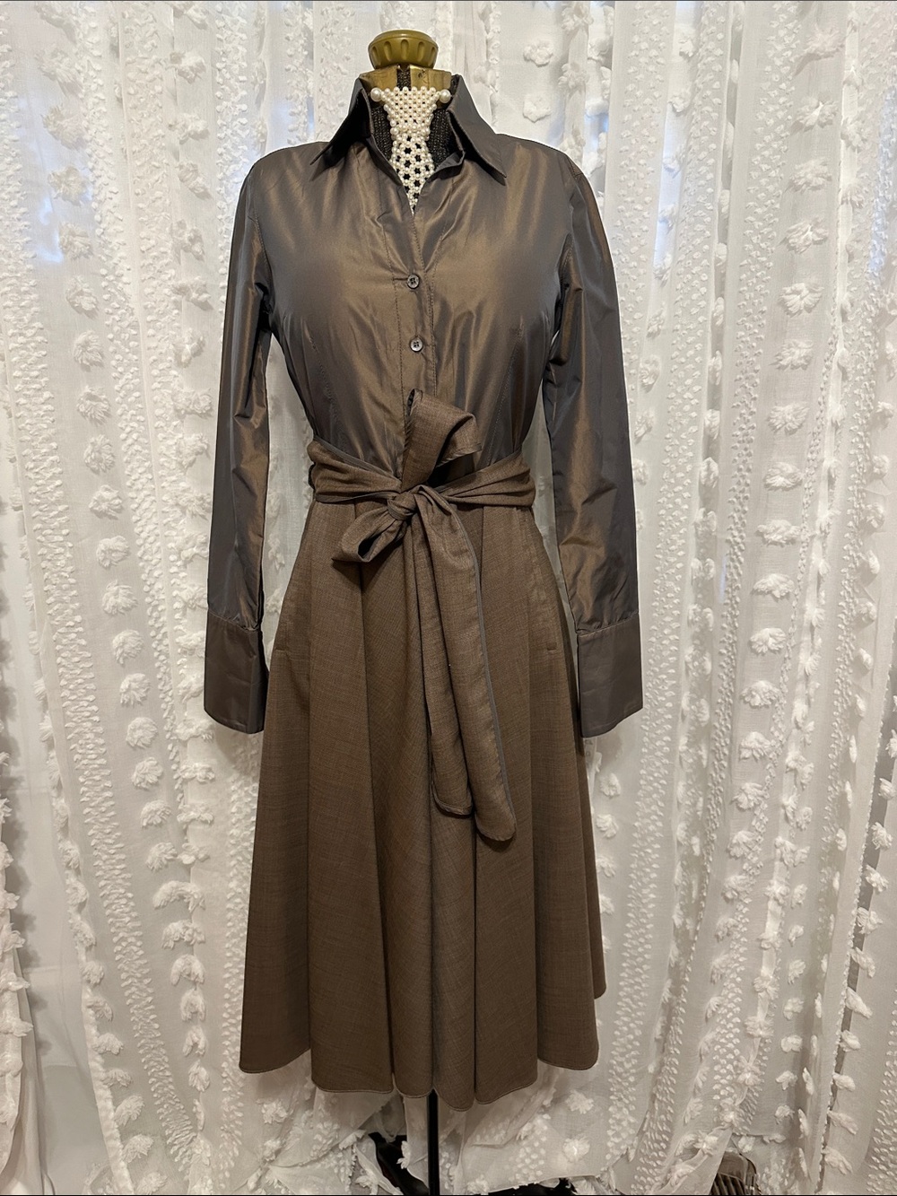 M Siamo Brown Long-Sleeve Shirt Dress with Tie Bow Waist